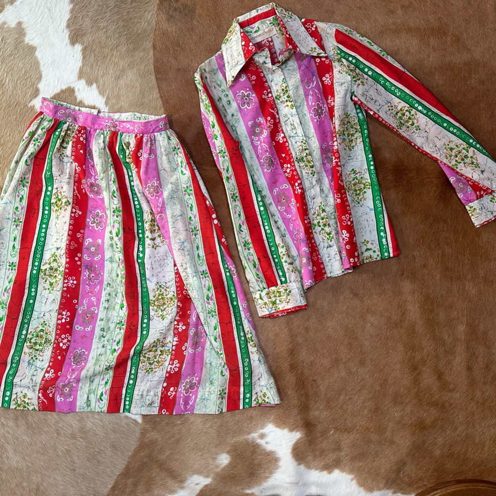 Vintage silk Howard Wolf colorful Striped Skirt and Blouse Set